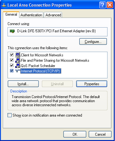 PC Configuration Checking TCP/IP Settings - Windows XP 1. Select Control Panel - Network Connection. 2. Right click the Local Area Connection and choose Properties.