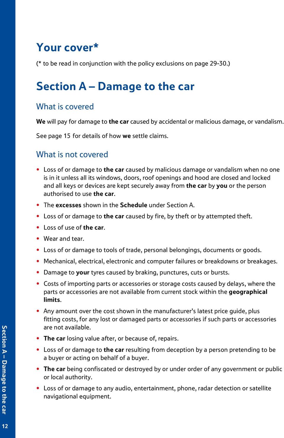 What is not covered Section A Damage to the car Loss of or damage to the car caused by malicious damage or vandalism when no one is in it unless all its windows, doors, roof openings and hood are