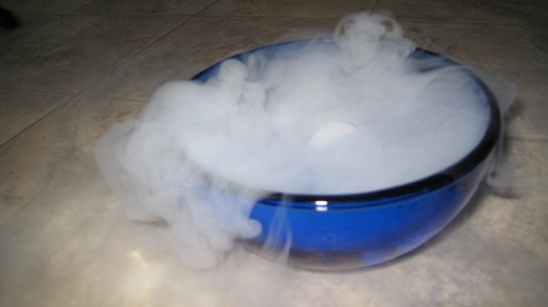 Dry ice in water Each bubble is filled with very cold CO 2 and a small amount of water vapor (evaporated water) Water vapor