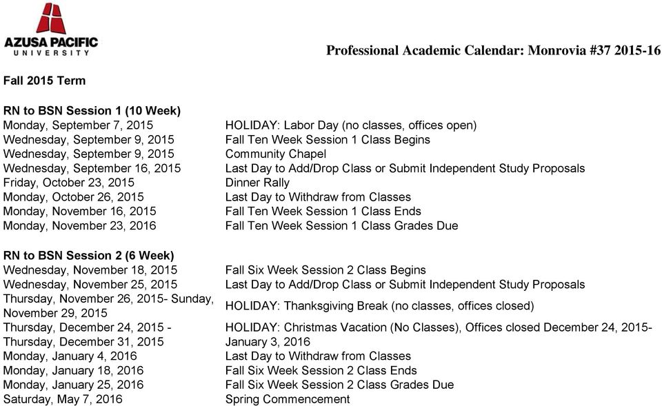 Monday, January 4, 2016 Monday, January 18, 2016 Monday, January 25, 2016 Saturday, May 7, 2016 HOLIDAY: Labor Day (no classes, offices open) Fall Ten Week Session 1 Class Begins Dinner Rally Fall