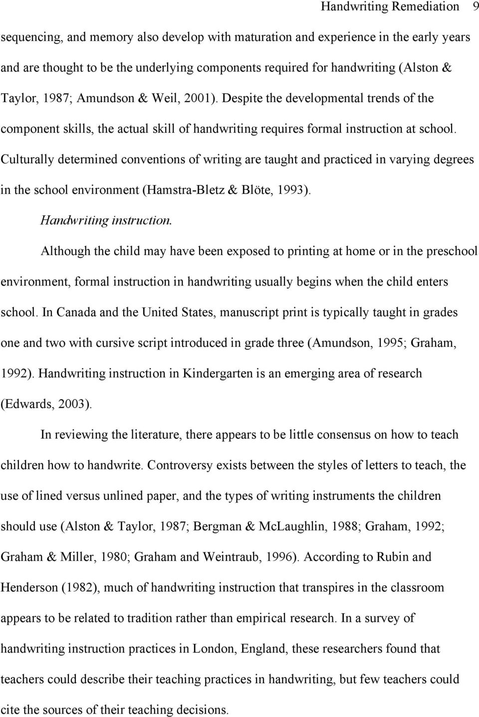 Culturally determined conventions of writing are taught and practiced in varying degrees in the school environment (Hamstra-Bletz & Blöte, 1993). Handwriting instruction.