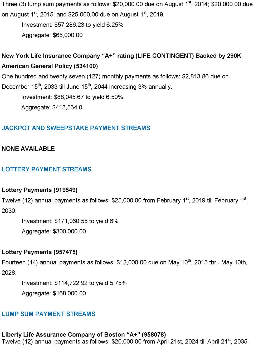 00 New York Life Insurance Company A+ rating (LIFE CONTINGENT) Backed by 290K American General Policy (534100) One hundred and twenty seven (127) monthly payments as follows: $2,813.