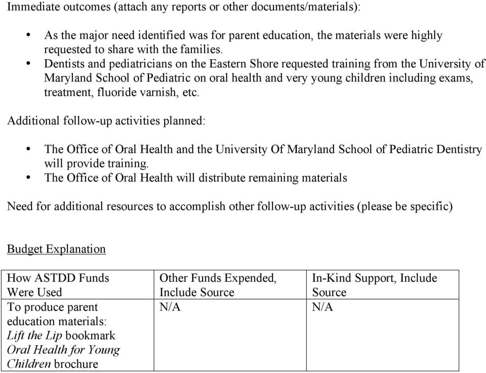 varnish, etc. Additional follow-up activities planned: The Office of Oral Health and the University Of Maryland School of Pediatric Dentistry will provide training.