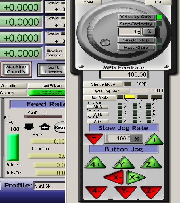 red-green box. If Mach3 is in reset state, click on RESET button to release the reset state (a steady green box encapsulate RESET ). Press X+ and X- in the jogging window to check X movement.