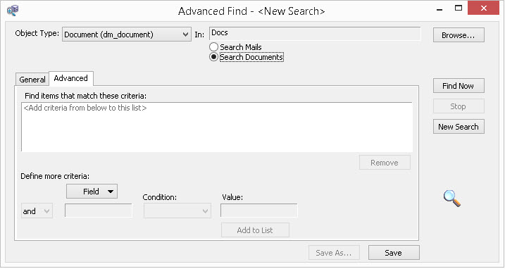 Searching in My Documentum for Microsoft Outlook d. Click Add to list to add the specified criterion to the criteria list.