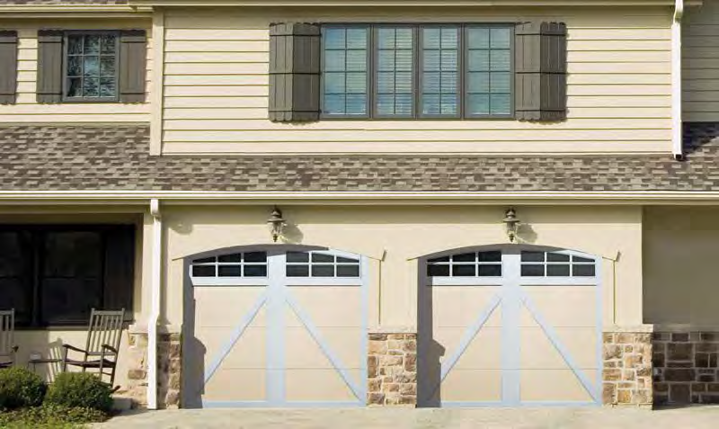 Distinctions Series RockCreeke - White Over Almond Swing-Out with A bucks & 3-over-3 Arched Windows Distinctions Series Creating garage doors of distinction requires the ultimate attention to detail.