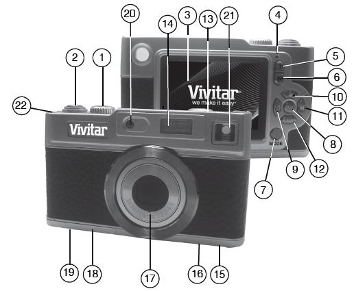 Parts of the Camera 1. Power Button 12. ViviLink / Down Button 2. Shutter Button 13. Microphone 3. LCD Screen 14. Flash Light 4. LED / Charge Lamp 15. USB Slot 5. Zoom In 16. Tripod Socket 6.