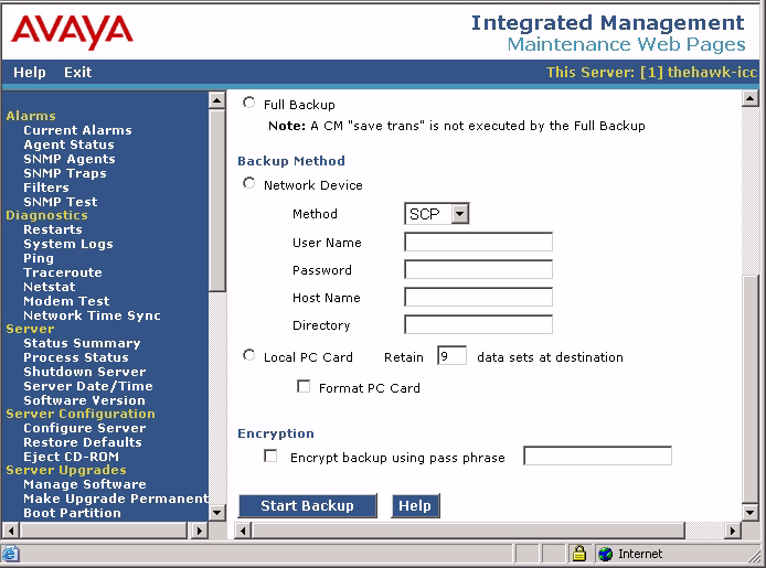 Job Aid: Repacing the soid state drive (SSD) on the Avaya S8400 Server Backup Now screen (Part Two) 2. Seect Loca PC Card. WARNING:! WARNING: Backup fies for INTUITY AUDIX messaging can be very arge.