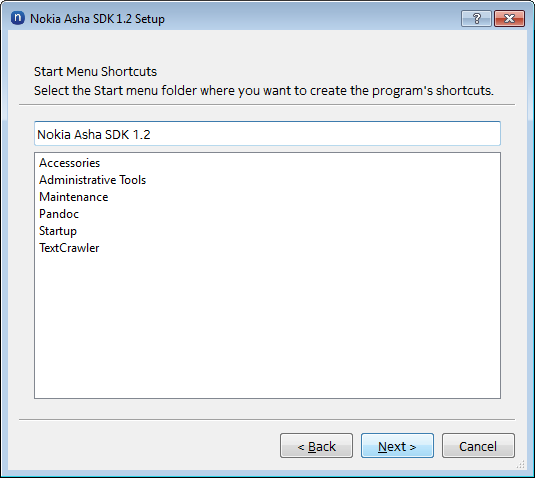 Note: By default, a new folder Nokia Asha SDK 1.2 is created for the program's shortcuts.