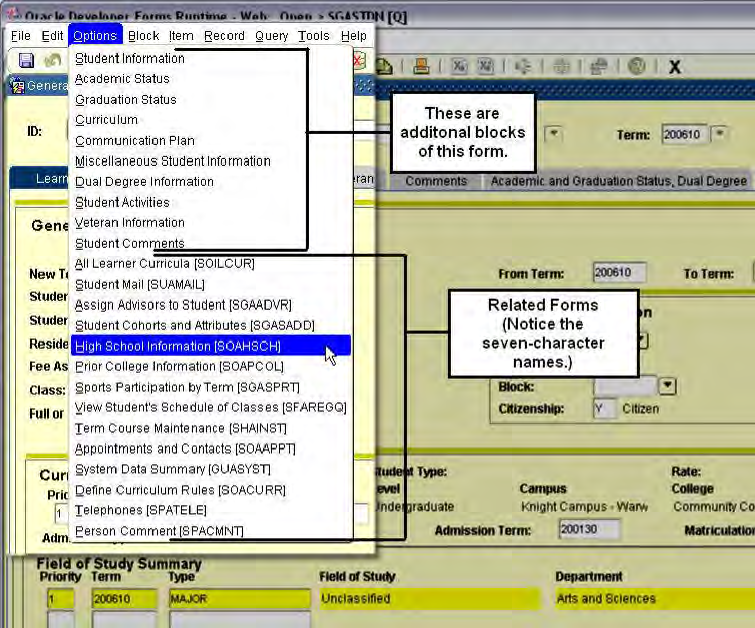 Figure 7 - Options Menu 2.3 Form Elements and Navigation Field Definition Labeled space, check-box, radio-button, or text box on a form.