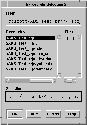 3. Double-click as needed to locate the directory for your exported IFF schematic file in the Directories field then enter the new file name in the Selection field.