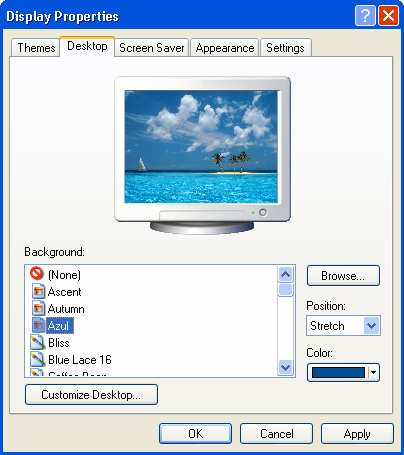 Lesson 13 - Customizing the Display Windows XP - Fundamentals Selecting a desktop background The Bliss background is the default background for the Windows XP desktop. Procedures 1.