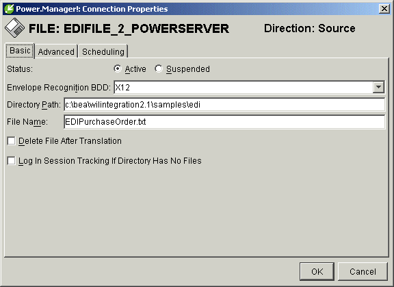 6 EDI Sample Figure 6-17 Iboud File Properties Set the followig properties: l Status: Active l Evelope Recogitio BDD: X12 l Directory Path: <WLI_HOME>\samples\edi l Fileame: EDIPurchaseOrder.