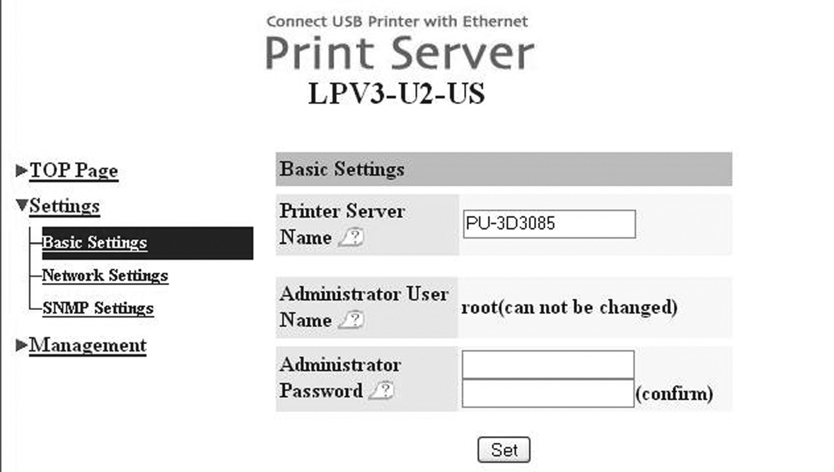 The Basic Settings menu will appear. Enter an acceptable Print Server Name. This can be left as default if desired.