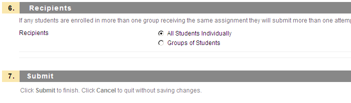 In section 6 you can indicate whether the Assignment must be handed in by all students personally or by a group of students. Once the Assignment is completed, you have to click Submit in section 7.