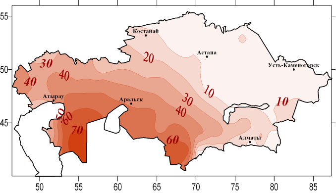 was equal to 2-3. In all of these oblasts and in the northern Kazakhstan the number of days with temperatures above 35 С was extremely high with 9- % probability of nonexceedance (Figure.3, b).