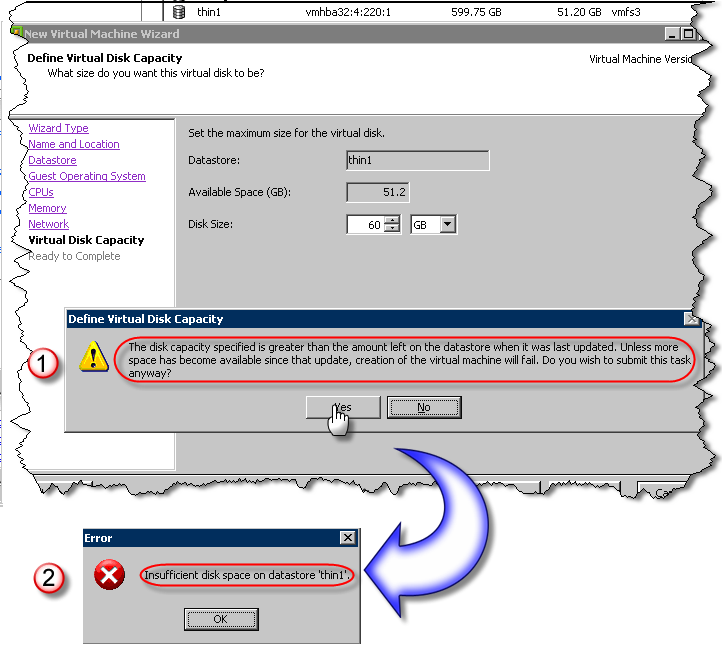 Figure 15. Error message when oversubscribing a VMFS datastore Nondisruptive expansion of virtual disk on thin devices When a virtual machine is created, a virtual disk is formatted for it.