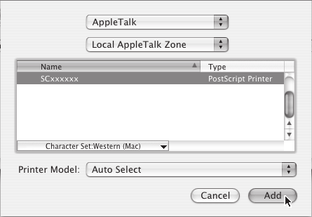 MAC OS X v10.2.8, v10.3.9 (1) (2) (1) Select [AppleTalk]. If multiple AppleTalk zones are displayed, select the zone that includes the printer from the menu. (2) Click the machine's model name.