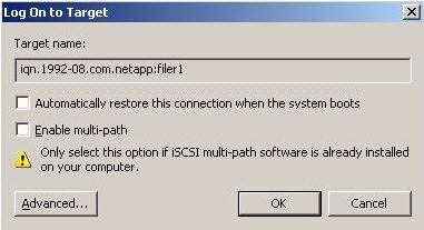 Preparing an OS Image iscsi Boot with Windows 2003 In case of a multi-path configuration, activate the Automatically restore.
