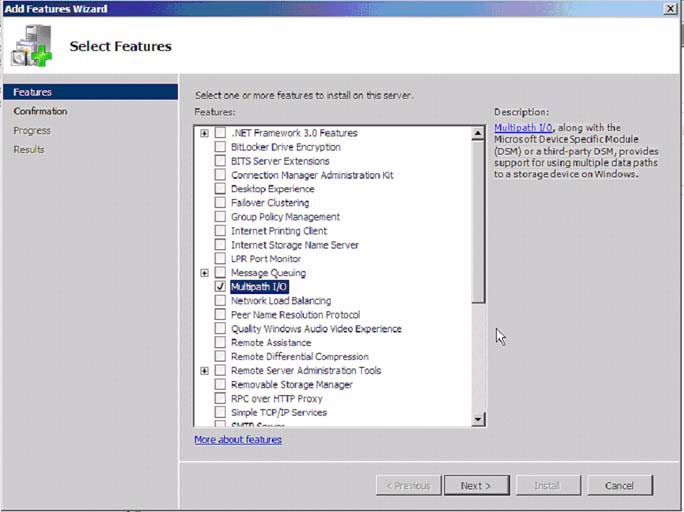iscsi Boot with Windows 2008 Configuring an MPIO connection Figure 51: Windows 2008 Server Manager Select