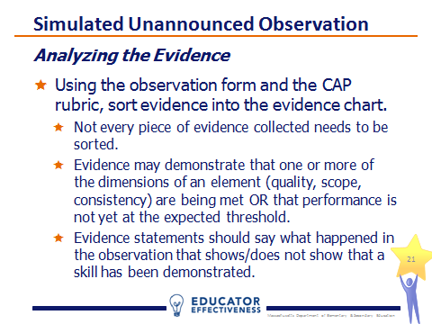 Practicing: Refer participants to the CAP Rubric (pages 13-18) and CAP Observation Form for Unannounced Observation #1 (page 19) included in the handouts packet.