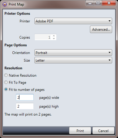 LizardTech GeoViewer User Manual Use the Print dialog to specify Printer Options, Page Options, and the Resolution. NOTE: The quality of the print job depends on the printer that you use.