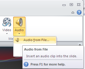 Work with audio clip Add and play an audio clip Select the slide to add the audio file Go to Insert tab Media group click the arrow under Audio select