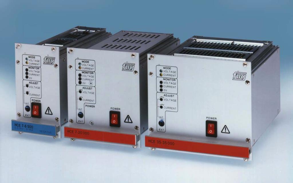 High voltage cassette power supplies EURO-size Series HCE from 125 V to 35 kv / 7 W to 350 W Design examples from left: HCE 7-6500 6,5kV / 1 ma HCE 7-20000 20kV / 0,3 ma HCE 35-35000 35kV / 1 ma HCE