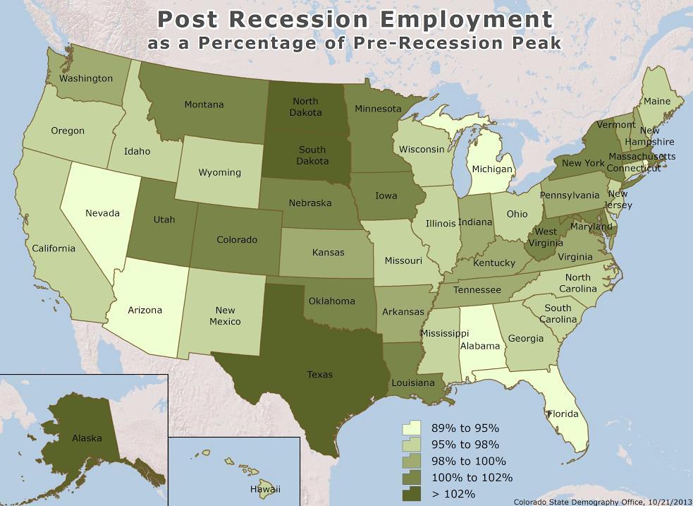 Figure 1 Data Sources: U.S. Bureau of Labor Statistics, State Labor & Employment Agencies Current Employment Statistics Survey From this map several observations stand out.