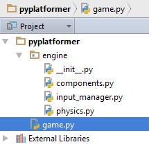 PyPlatformer The update() and render() calls delegate the execution to the game object instances, which in turn, will invoke their components' methods: def update(self, dt): Input.