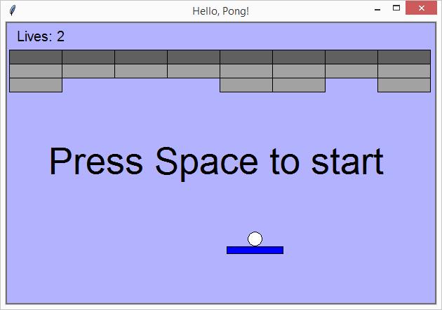 Hello, Pong! When you press the spacebar, the game starts and the player controls the paddle with the right and left arrow keys.