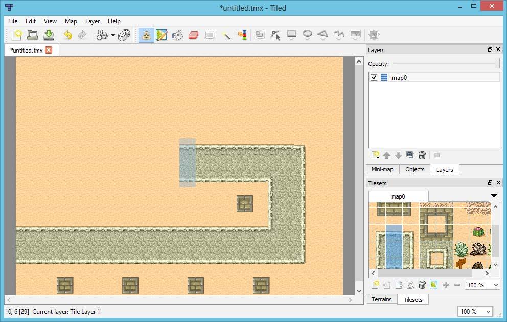 Building a Tower Defense Game You can use the tiles shown in the Tileset view to draw a map like this one: Once the map is drawn, we can save it in several file formats, such as CSV, JSON, or TXT.