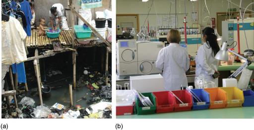 117 Figure 2: Infectious diseases are a threat everywhere: (a) A shanty settlement without piped water or sanitation in Indonesia. (b) Testing for pathogens in a hospital laboratory in England.