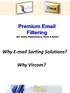 Premium Email Filtering MX Verify, Redundancy, Virus & Spam. Why E-mail Sorting Solutions? Why Vircom?