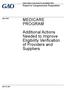 MEDICARE PROGRAM. Additional Actions Needed to Improve Eligibility Verification of Providers and Suppliers