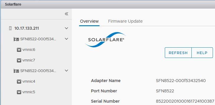 Solarflare Adapters on VMware Verify Plugin on the VCSA When the plugin has been registered with the VCSA, the Solarflare plugin icon will be visible on the vsphere Client, Menu > Shortcuts page.