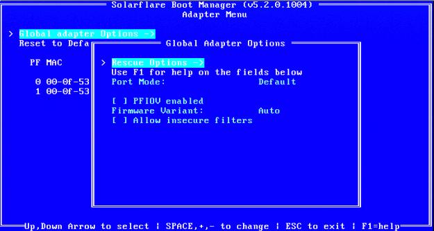Solarflare Boot Manager 3 Use the arrow keys to highlight the Global adapter Options and press Enter. The Global Adapter Options menu is displayed.