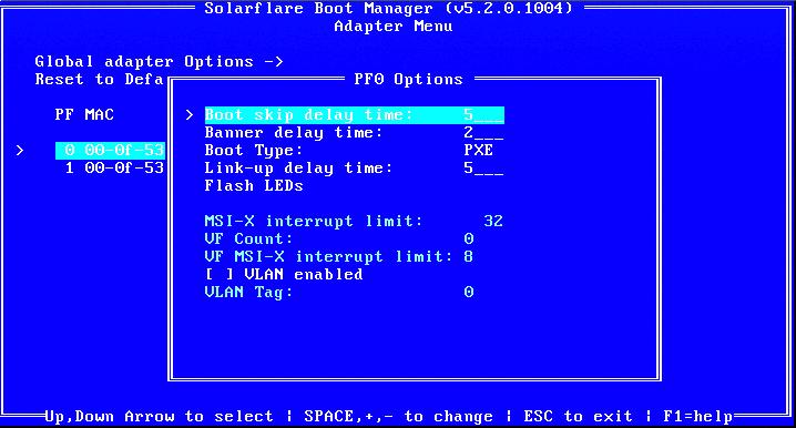 Solarflare Boot Manager 7 Set the PF to use PXE boot: a) Use the arrow keys to highlight the Boot Type.