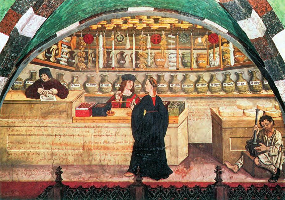 38. Fresco of a medieval apothecary, Castello di Issogne, Italy The late medieval Grete Herball spoke of green herbs of the garden and weeds of the fields intended to Heal and cure all manner of