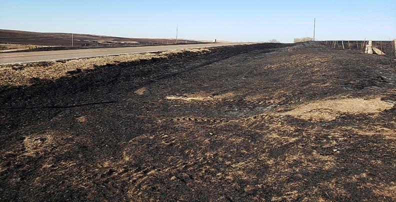At left, signs across central and western Kansas, like the one below, were damaged in high winds on Dec. 15. Below, burned ground lines both sides of U.S.