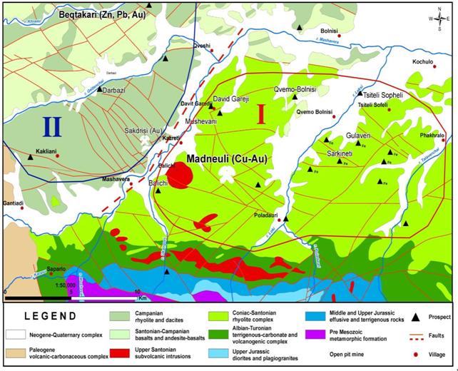 250 Fig. 2 Geological map of Bolnisi ore district. I Madneuli cluster, II Bectaqari cluster. deepening inmantle).