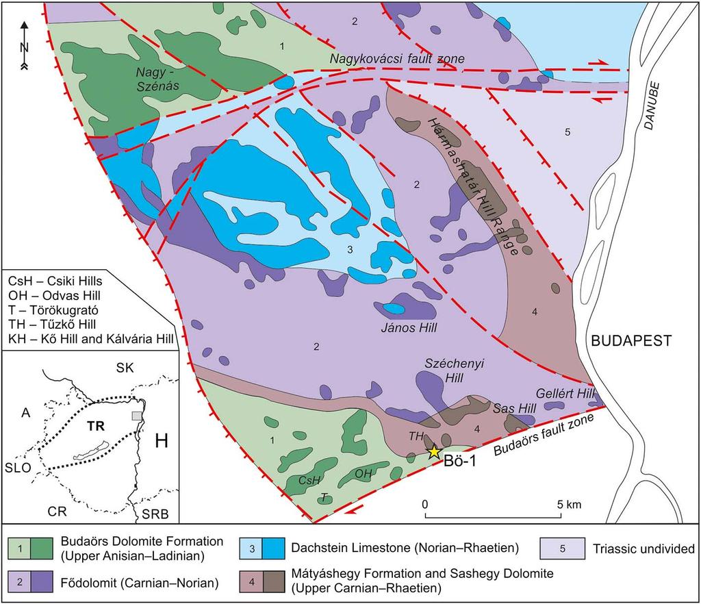 The Budaörs-1 well revisited 203 Fig. 1 Simplified pre-cenozoic geological map of the Buda Hills (after Haas et al. 2000).
