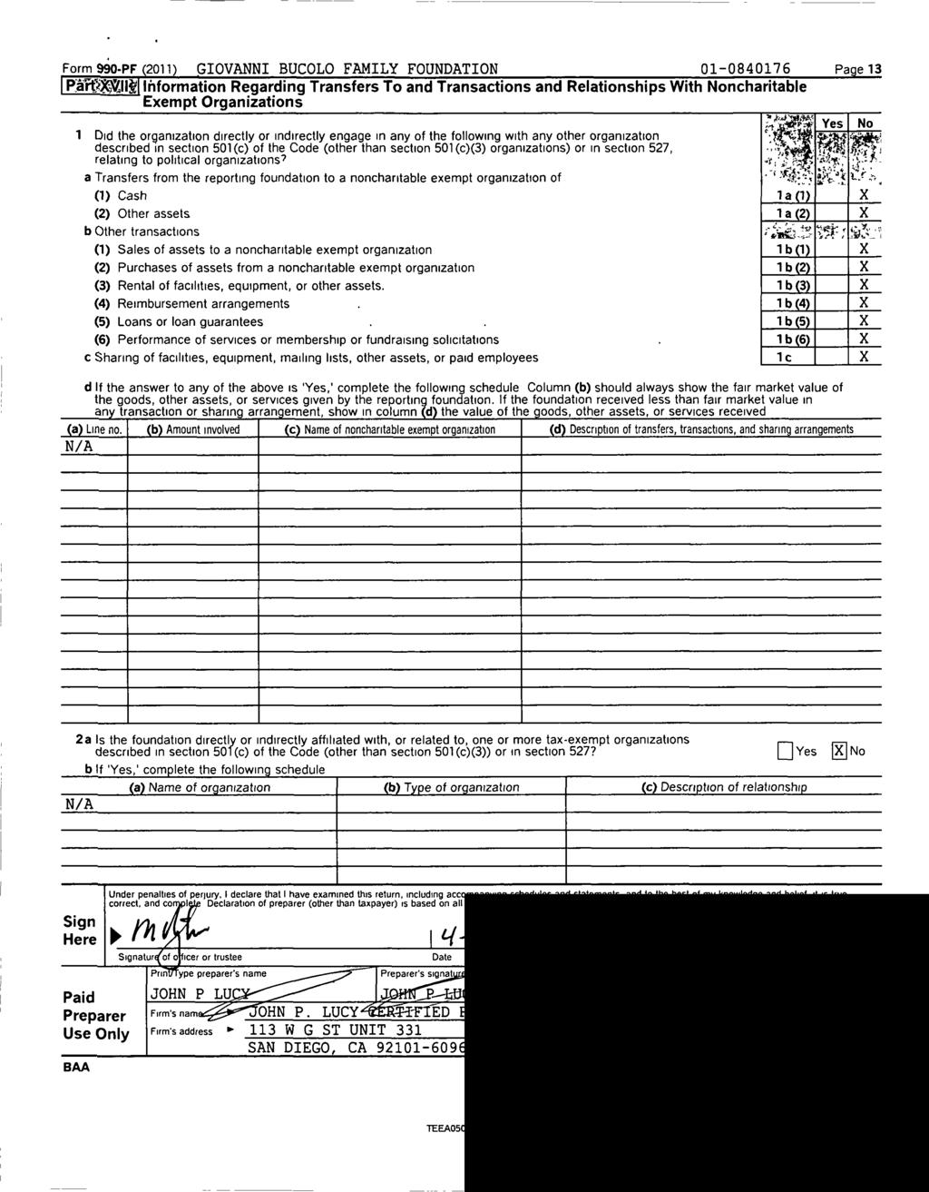 Form 990-PF 2011) GIOVANNI BUCOLO FAMILY FOUNDATION 01-0840176 Pa g e 13 PartX,VII Information Regarding Transfers To and Transactions and Relationships With Noncharitable Exempt Organizations -n '1=