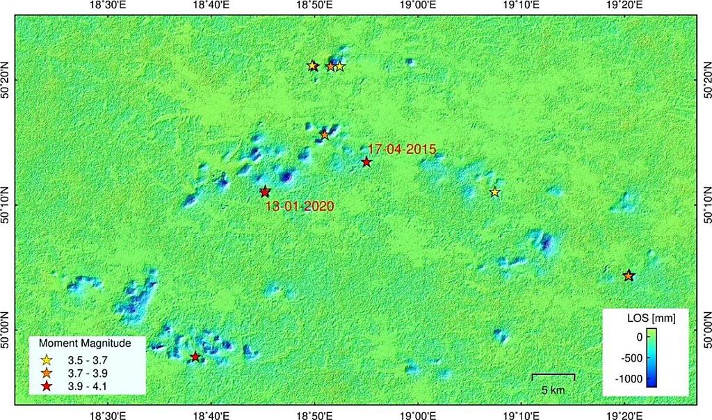 104 A. Kopeć et al. Fig. 11 Location of analyzed seismic events. displacements due to tremors induced by mining activity. The analysis of the SBAS data in the regions of 13 powerful tremors (above 3.