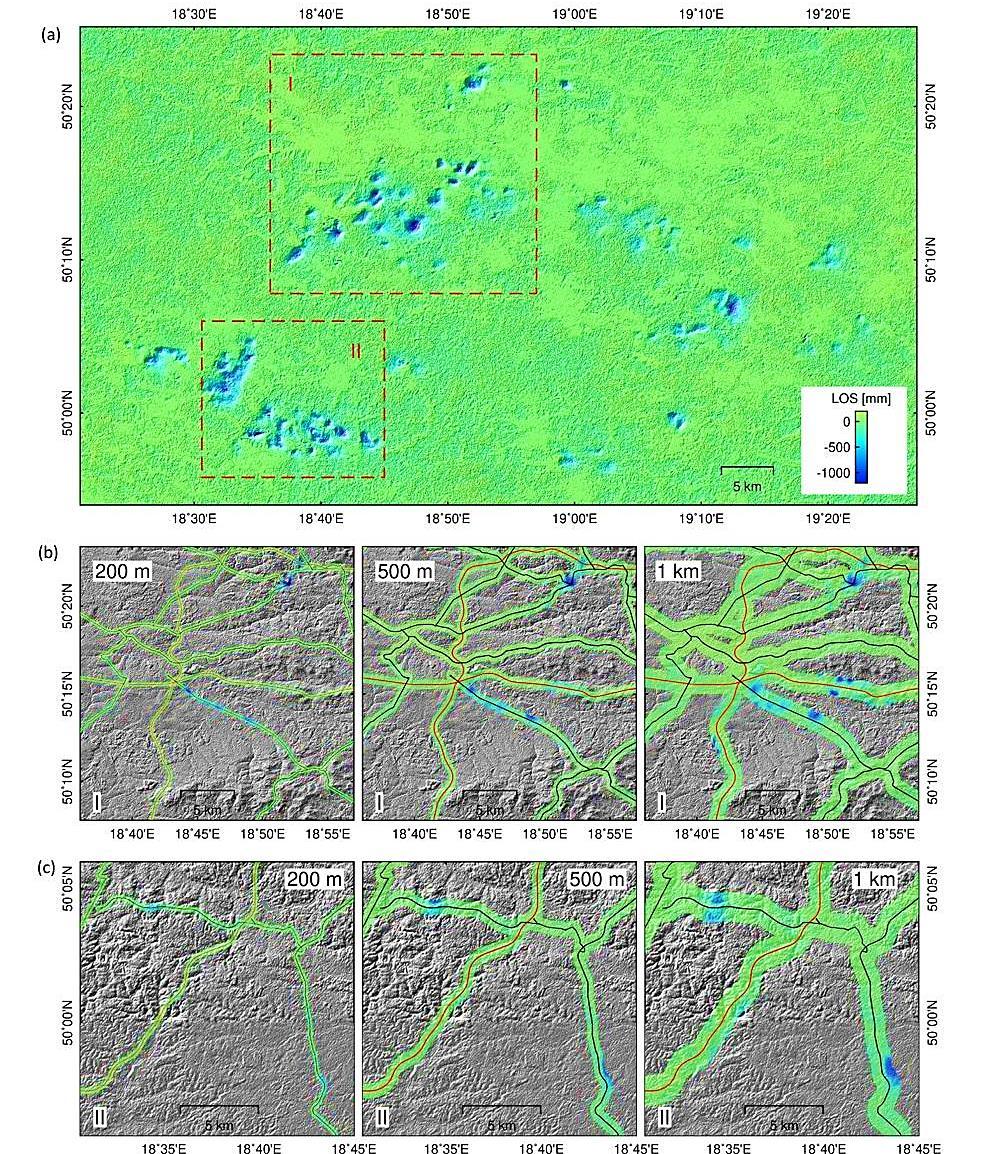 LONG-TERM MONITORING OF THE IMPACT OF MINING OPERATIONS ON THE GROUND. 99 Fig. 5 (a) Location of the areas analyzed in terms of the crossing of subsidence troughs by road infrastructure.