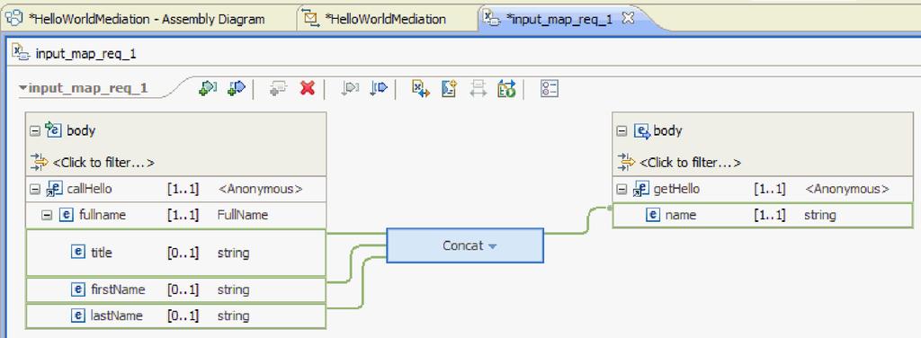 10. Wire lastname on the left to the Concat operation in the middle. A Connection Selection Helper is shown again. Select Primary Connection.