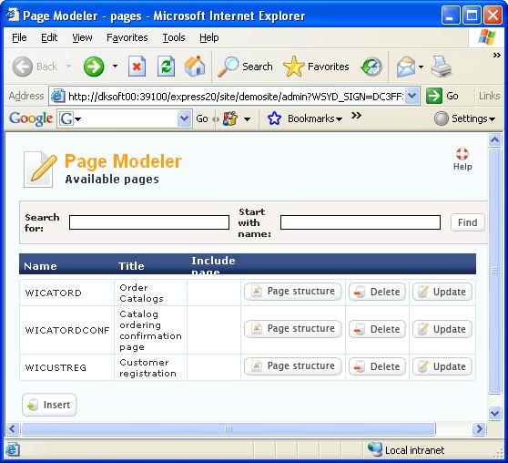 Create template Define Page Structure The start page for the Page Modeler shows a