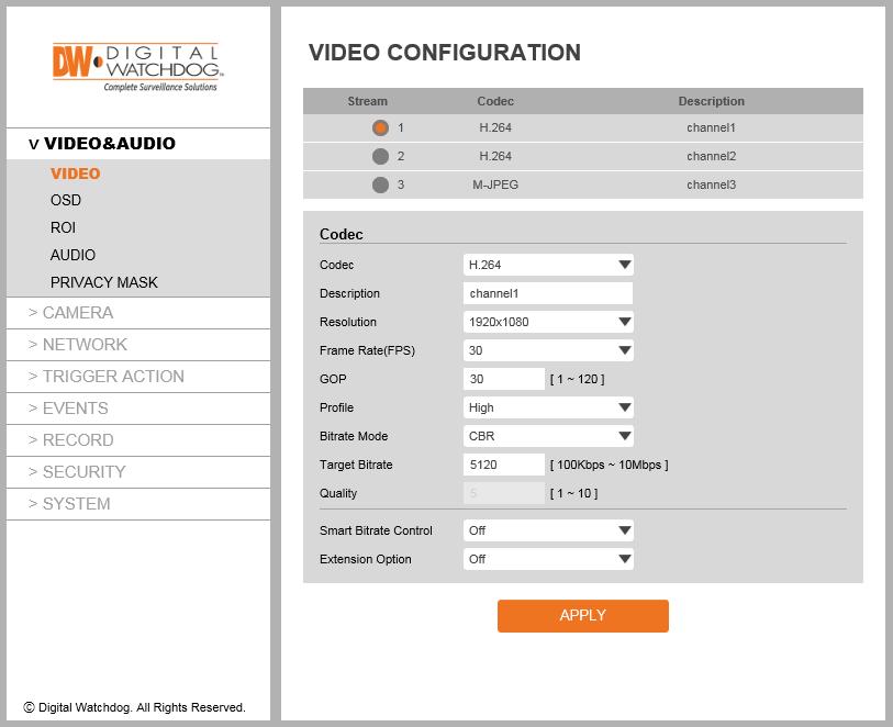 Setup - Video & Audio Setup Video Configuration Detail Page - When you select an item from the menu, you can set the details for the selected item.
