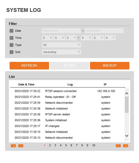 Setup - System Setup System Log 3 Filter - Select a date, time, sort, or type of log to filter the log.