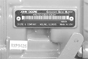 Transmission Serial Number RXP022847 A.1 1. Designates Transmission Manufacturer R0 - John Deere Component Works 2. Designates Type T - Transmission 3.
